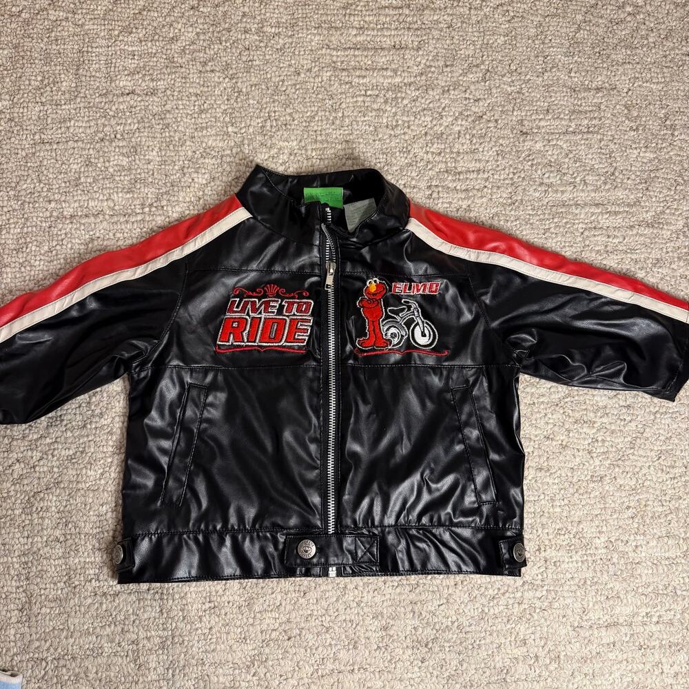 Vintage Sesame Street Elmo Embroidered Black Faux Leather Kids Biker Jacket 18m